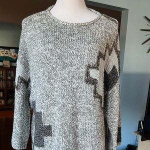 J Jill tribal geometric print chunky cable knit pull over 3/4 sleeve large